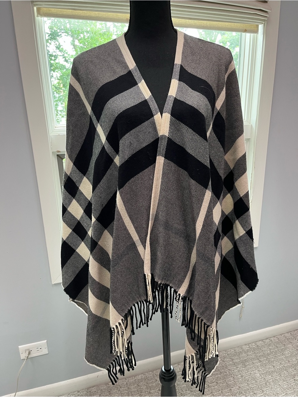 Burberry Black, Gray & Cream Plaid Cape